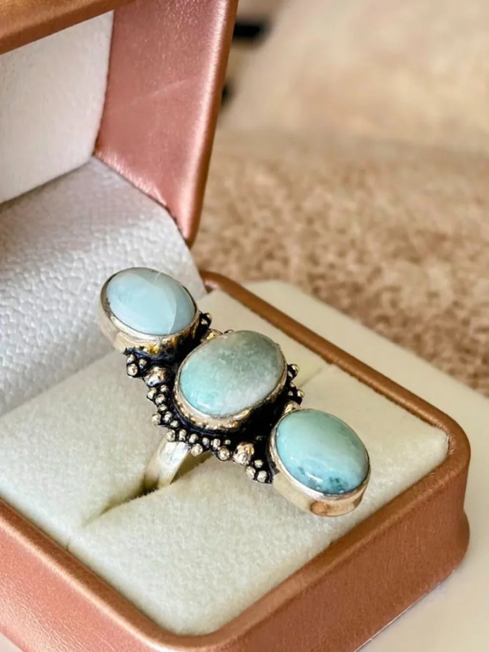 Larimar Three Stone Statement Ring 925 Silver Plated - Size 6.75
